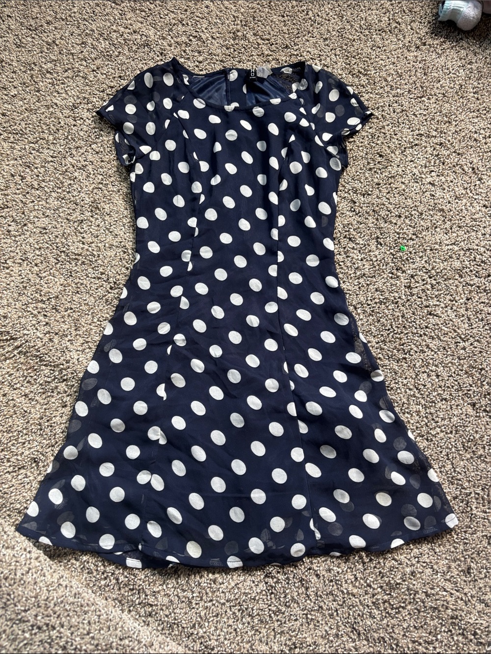 H&M Navy and White Polka Dot Short-Sleeve Mini Dress
